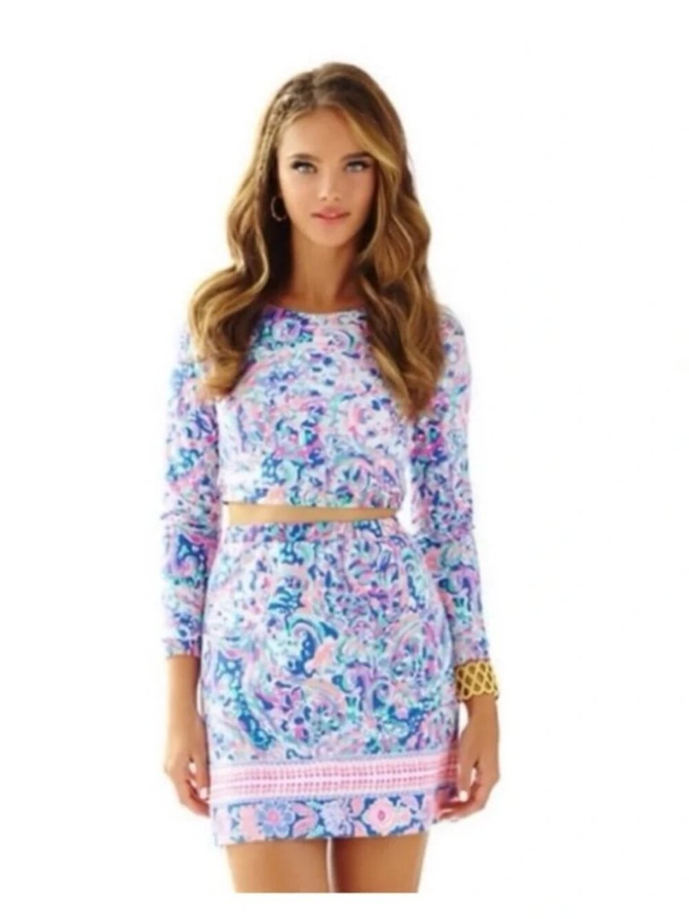 Lilly Pulitzer Colorful 2 Piece Boca Chica La Playa Crop top Skirt set, sz S